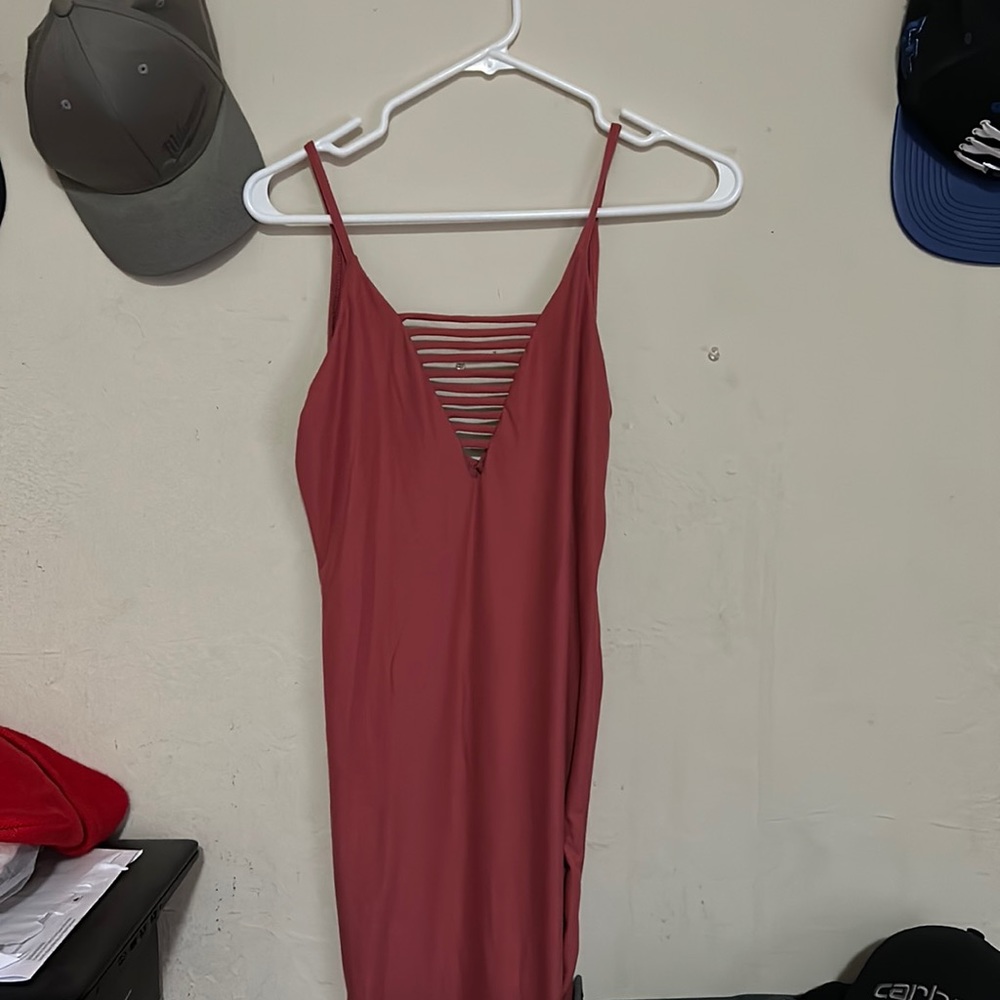 No sleeves strap dress with cross strap on back dark peach color